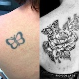 Cover-Up Tattoo, Blumen mit Schmetterling auf der Schulter. 